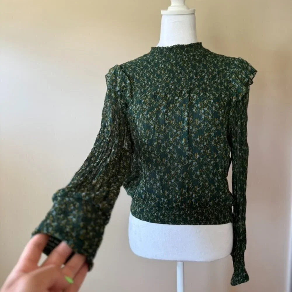 Free People Smocked Floral Roma Blouse in Forest Combo Womens Small Boho Indie